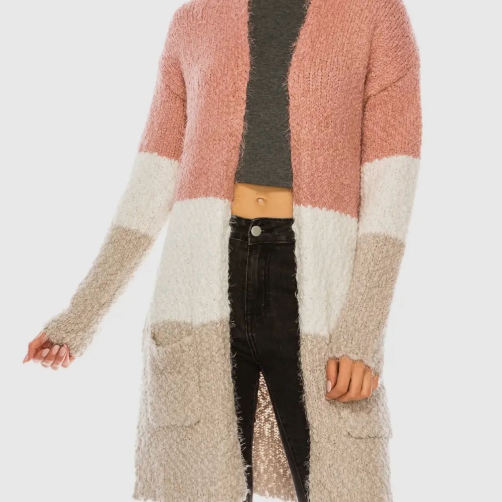 Oceanus Colorblock Open Front Sweater - Mauve, White, Tan